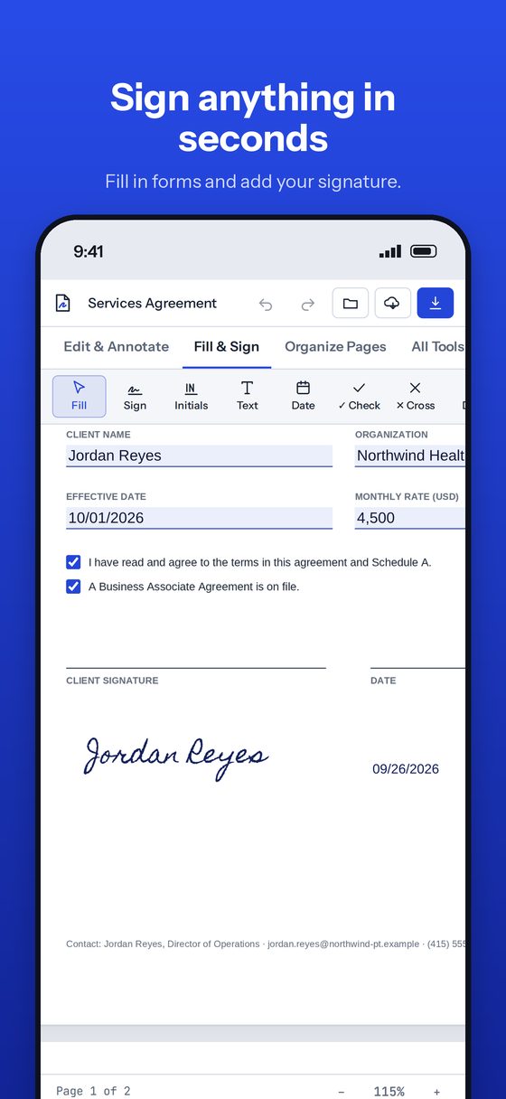 Paperwell signing a PDF on iPhone